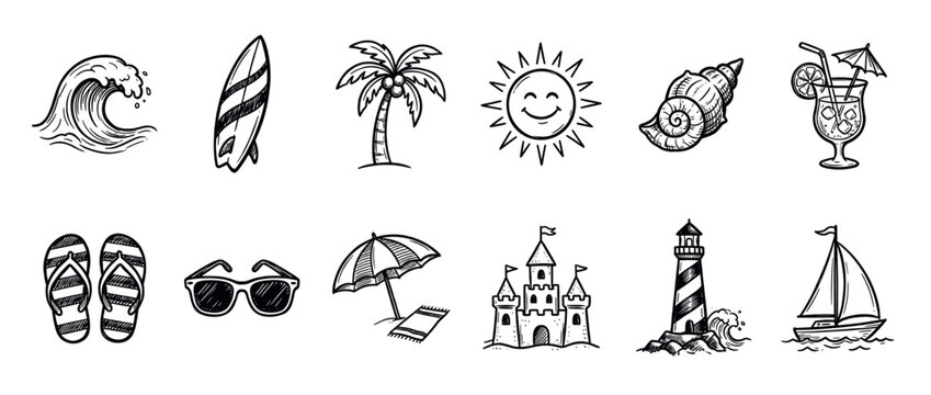 Summer beach vacation travel doodle icons representing various elements of a tropical holiday in a hand-drawn sketch style.