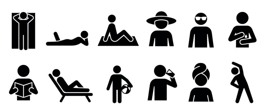 People stick figures engaging in various summer leisure activities like sunbathing, reading, stretching, and relaxing on vacation