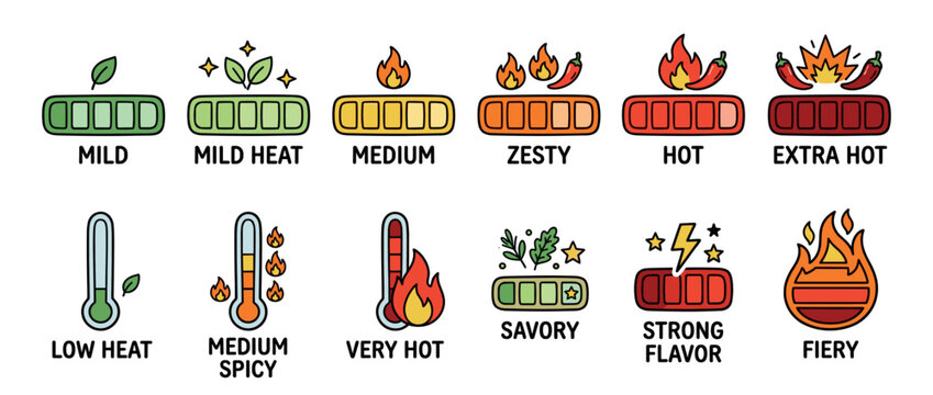 Spiciness level icons and flavor intensity indicators set with various heat ratings from mild to fiery in a hand-drawn doodle style.