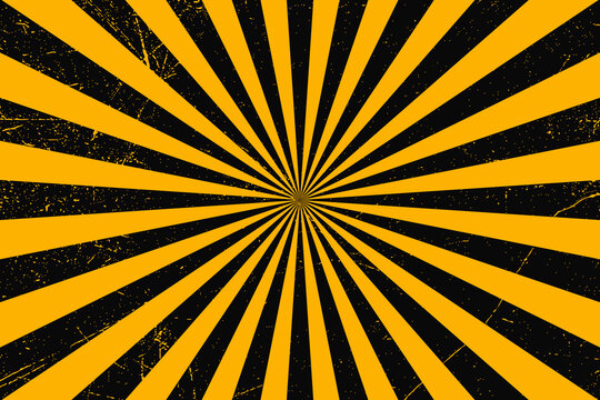 Abstract grunge yellow and black radial sunburst background with distressed