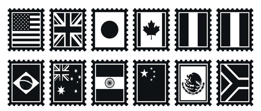 International flag postage stamps collection featuring various national symbols in a monochromatic, graphic vector illustration style.