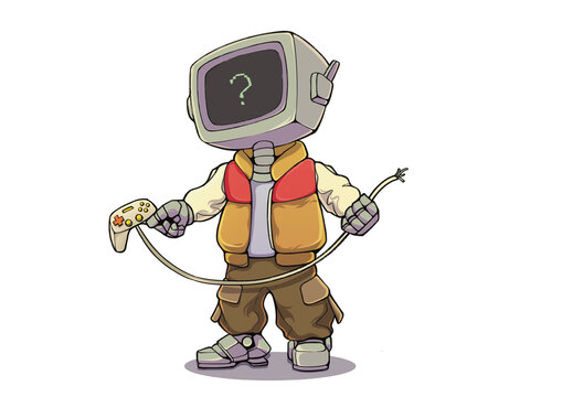 robot character with a controler after playing a games art illustration mascot