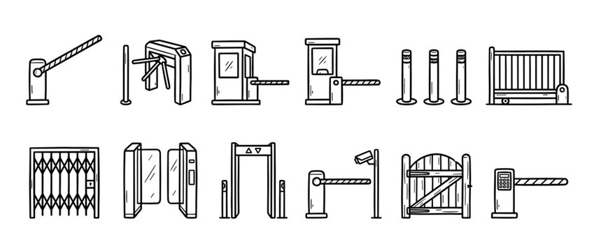 Security and access control elements doodle set featuring various gates, barriers, turnstiles, and detectors for entry management.