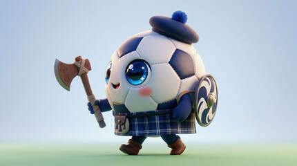 Naklejka premium Cute Scottish soccer ball character holding an axe and shield, wearing a kilt and beret, 3D render