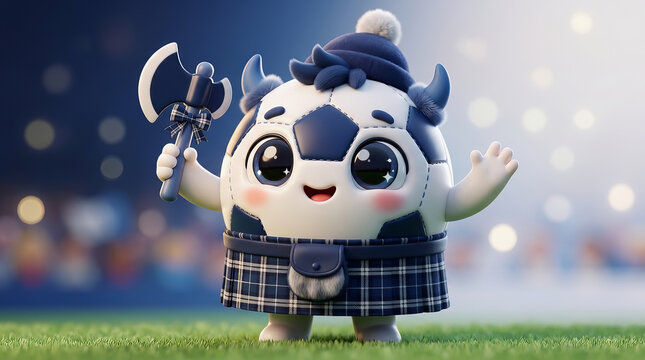 Cute Scottish bull mascot holding a small axe, waving on a green field with bokeh stadium lights in background.