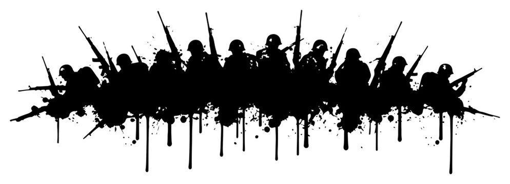 Soldiers army squad with rifles silhouette in messy ink splatter style