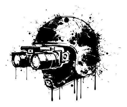 Military tactical helmet with night vision goggles in ink splatter style