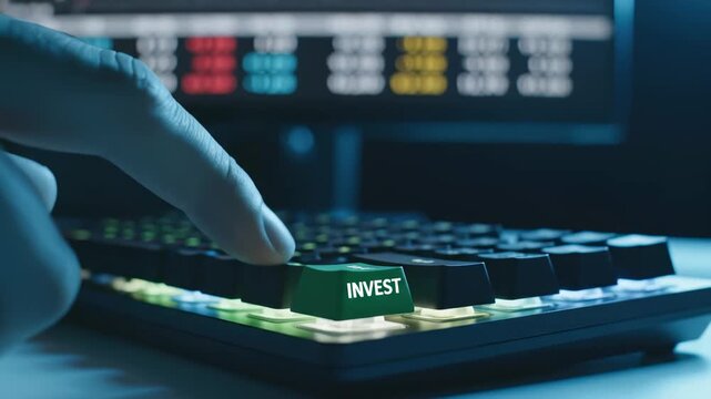 In a bustling financial setting, skilled hands dance on a keyboard, ready to seize investment opportunities against a vibrant backdrop of market data, sparking suspense and excitement.
