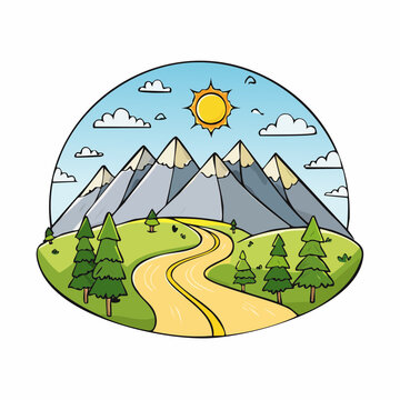 Scenic mountain landscape with a winding road leading through green hills under a sunny sky with clouds.