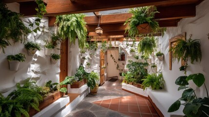 Fototapeta premium A vibrant courtyard filled with plants and flowers, showcasing terracotta pots, arches, and mosaic tile details in a historic space
