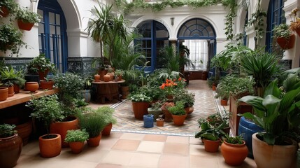 Fototapeta premium A vibrant courtyard filled with plants and flowers, showcasing terracotta pots, arches, and mosaic tile details in a historic space
