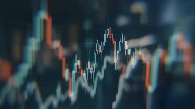 Cinematic abstract reflection of financial charts on glass surface