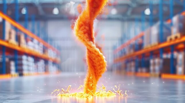 A bright orange spiral of smoke is coming out of a fire hydrant. The smoke is swirling and twisting, creating a sense of movement and energy. The scene takes place in a large