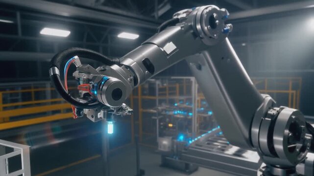 realistic close-up of industrial robotic arm moving with precision, metallic texture