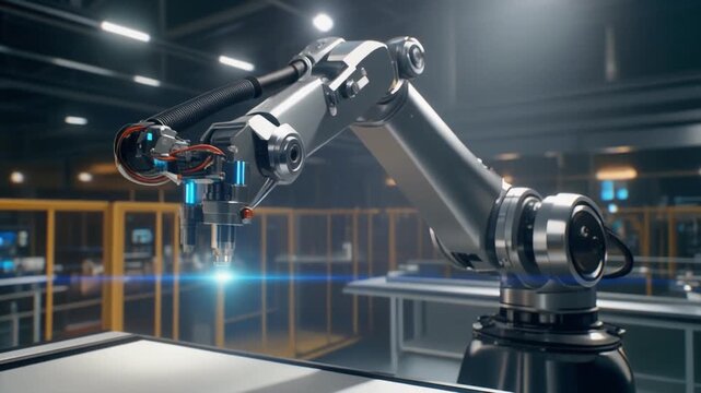 realistic close-up of industrial robotic arm moving with precision, metallic texture