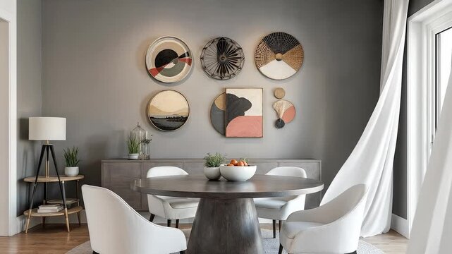 Modern dining room with abstract art, round table and upholstered chairs.