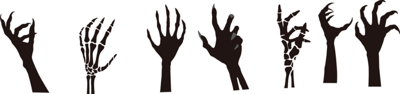 Spooky vector graphic illustration featuring a collection of creepy monster and skeletal hands.