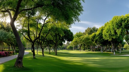 Obraz premium A wide grass field stretches under a clear blue sky with sunlight shining, offering a view of a golf course in a natural setting