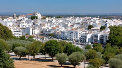 Obraz premium A town sits atop cliffs with white buildings and a church, surrounded by green hills, overlooking a gorge under a blue sky