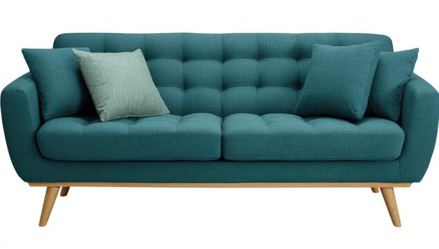 Modern teal sofa with pillows isolated on white background for interior design