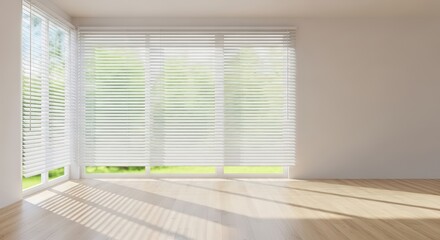 Fototapeta premium Empty Modern Room With Large Windows And Blinds Sunlight Streaming Through Oak Wood Floor