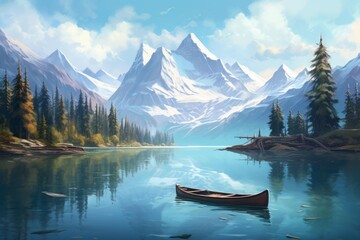 Obraz premium Canoe floating on calm water reflecting snow capped peaks and pine forest under a clear sky