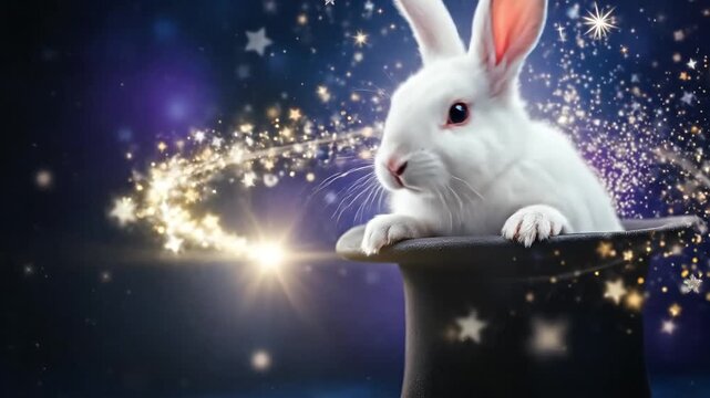 A white rabbit emerges from a magician's hat with sparkling magic effects.