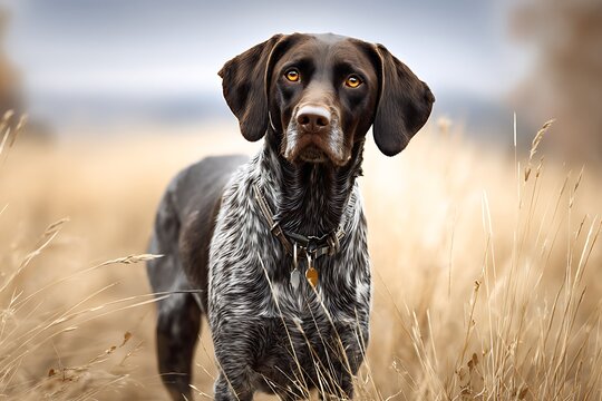 Professional hunting dog pointing in tall grass during autumn field hunt at sunset.