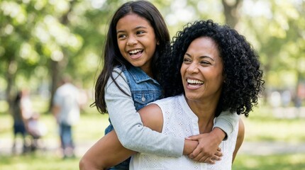Fototapeta premium Happy mother giving her smiling daughter a piggyback ride in a sunny park, joyful family bonding outdoors.