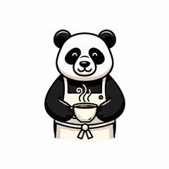 Naklejka premium Cute Panda Bear Wearing Apron Holding Hot Coffee Cup.