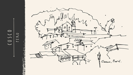Naklejka premium Cusco, Peru. Plaza de Armas square sketch postcard. Colonial cathedral, arcades, fountain. Mountainous Andes landscape view. Vintage hand drawn vector illustration, travel poster, line architecture bg