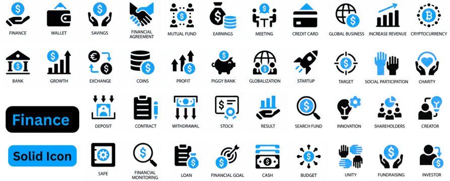 Finance solid icon set. Finance icon set. Financial business icon set includes accounting, wallet, debt, expense, management, budget, investment and more. Solid icon collection.