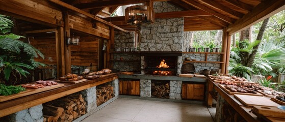 Obraz premium Meat is grilling on an open fire with a hand holding chicken. Bright embers fly in the background. Evening light adds warmth to the scene