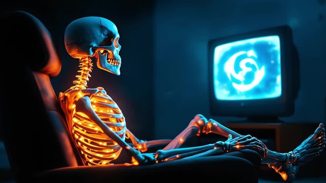 A skeleton watches an illuminated television in a dimly lit room.