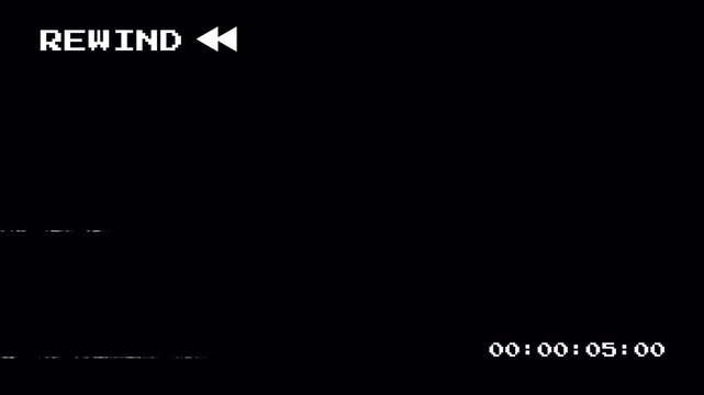 Retro VHS Tape Rewind Glitched Effect with Timer on Black Background 4k video animation seamless loop