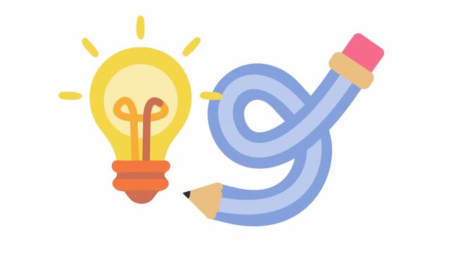 Creative brainstorming icon with a glowing light bulb and a flexible pencil cartoon isolated on an alpha channel. Flat design animation of the idea generation and artistic drafting process symbol.
