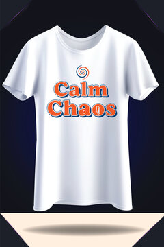 Vintage calm chaos spiral typography design on white tshirt for bohemian casual streetwear.
