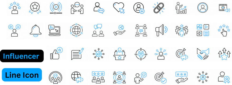 Influencer line icon set. influencer icon set outline contains sponsored post, authentic voice, trendsetter role, video editing, community building, collaborative project, long term impact. 