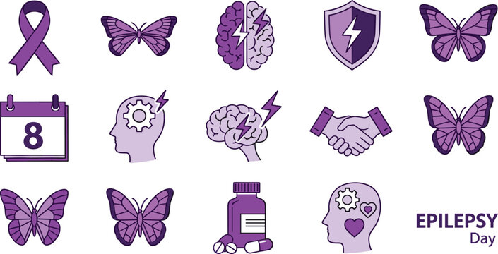 Epilepsy Awareness Day Purple Icon Set with Brain Butterfly Ribbon Medicine Shield and Mental Health Elements