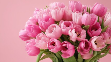 Fototapeta premium Closeup of a bouquet filled with pink tulips on a pastel background shows vibrant flowers perfect for any decoration or celebration