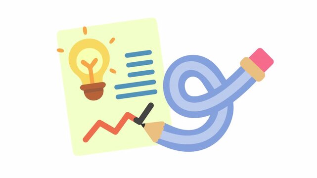 Creative brainstorming concept with a flexible pencil cartoon and a lightbulb idea in an alpha channel. Innovation and strategic planning animation for creative writing and data analysis symbol.