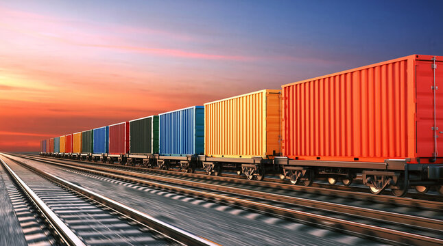 A long freight train with colorful cargo containers moves along multiple railway tracks under a dramatic sunset sky