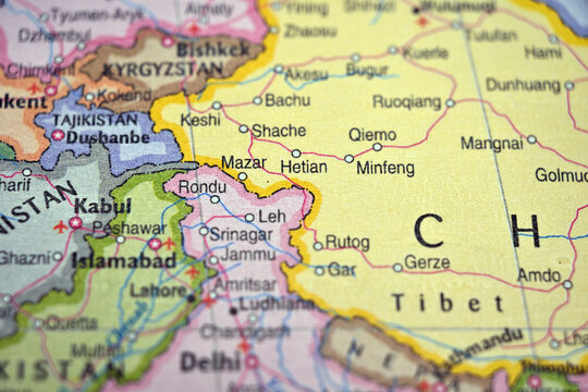 Hetian (Hotan, Xinjiang) on World Map &ndash; Selective Focus with Blurred Background Geography View