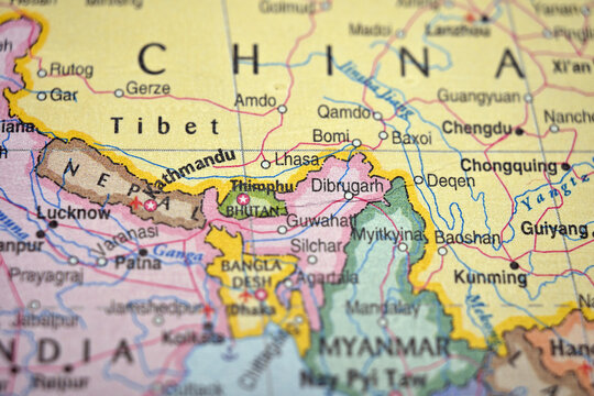 Lhasa (Tibet, China) on World Map &ndash; Selective Focus with Blurred Background Geography View