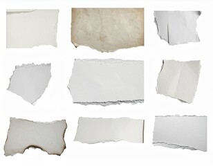Fototapeta premium Collection of Nine Torn Paper Scraps in White and Beige on White Backdrop