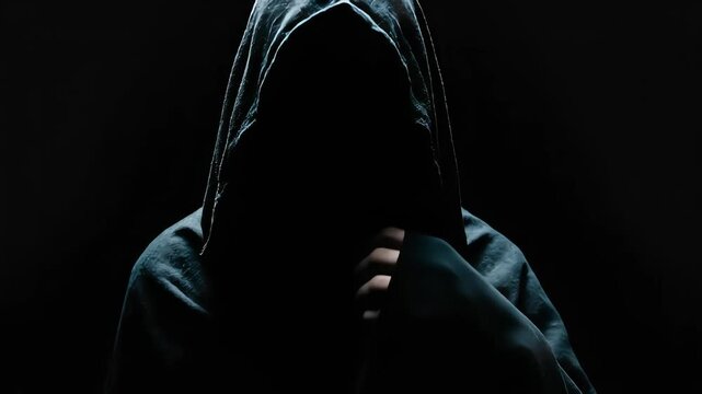 A mysterious figure in a dark hoodie with face hidden in shadow.