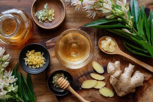 Natural ingredients ginger honey and herbs on rustic wooden table