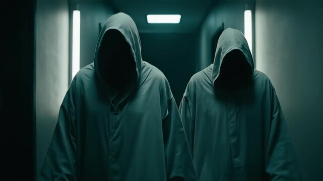 Two hooded, cloaked figures walk down a dark, ominous hallway.