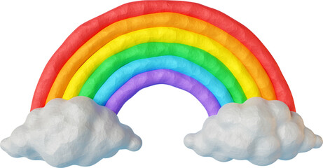 Naklejka premium Vibrant rainbow with white cloud base isolated on a transparent background (PNG). Realistic 3D plasticine rainbow with clay texture for playful design, educational materials and graphic elements.
