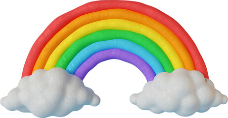 Naklejka premium Vibrant rainbow with white cloud base isolated on a transparent background (PNG). Realistic 3D plasticine rainbow with clay texture for playful design, educational materials and graphic elements.